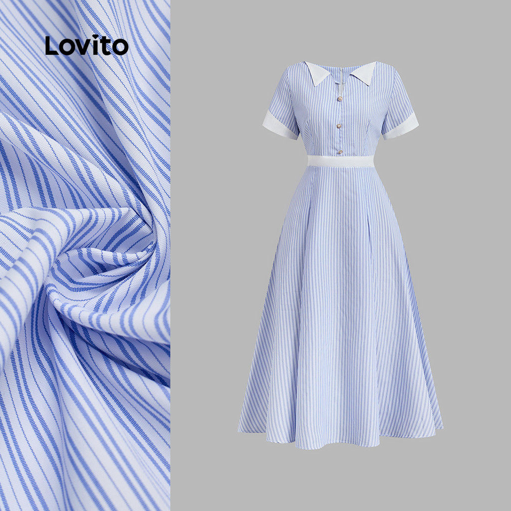 (New) Lovito Vestido Casual de Verão/inverno com Bloco de Cores de Tecido e Costura Azul e Branco L149ED190 em Oferta na Shopee