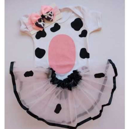 Kit Body Bebê Temático Vaquinha Mesversário Menina com Saia e Laço Fantasia Vaca, Vaquinha, Tètè
