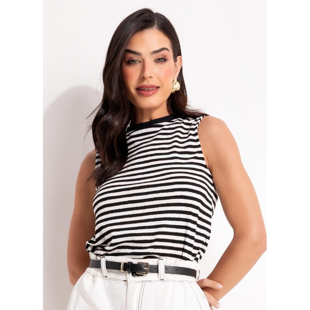 Blusa Em Meia Malha Listrado Preto E Branco Quintess em Oferta na Shopee