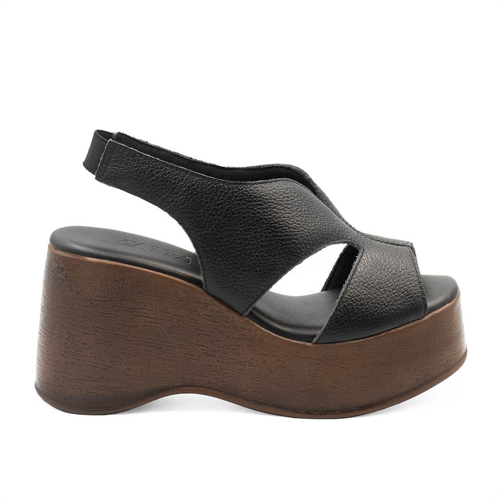 Sandália Anabela Couro Pâmela Preta em Oferta na Shopee