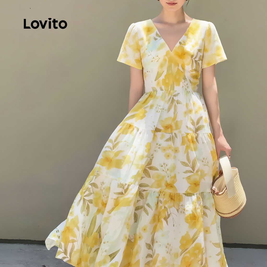 Detalhes do Lovito Vestido Boho com Babado Na Barra Flores Primavera/verão Vestido Amarelo para mulheres L150ED141