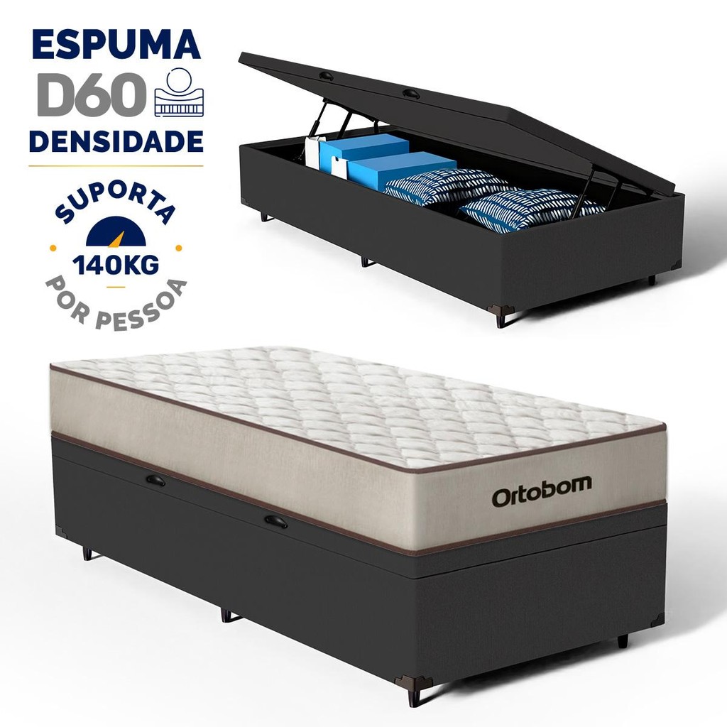 Cama Box Baú com Colchão de Espuma D60 Ortobom Force Dream Solteiro 88cm em Oferta na Shopee
