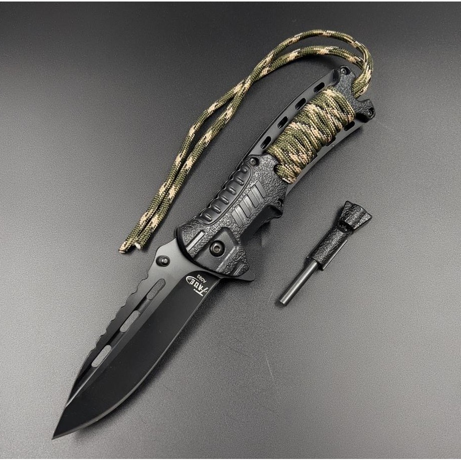 Canivete Taue A093 Semi-Auto c/ Pederneira Clip de cinto Cabo Paracord Lâmina fio de corte liso