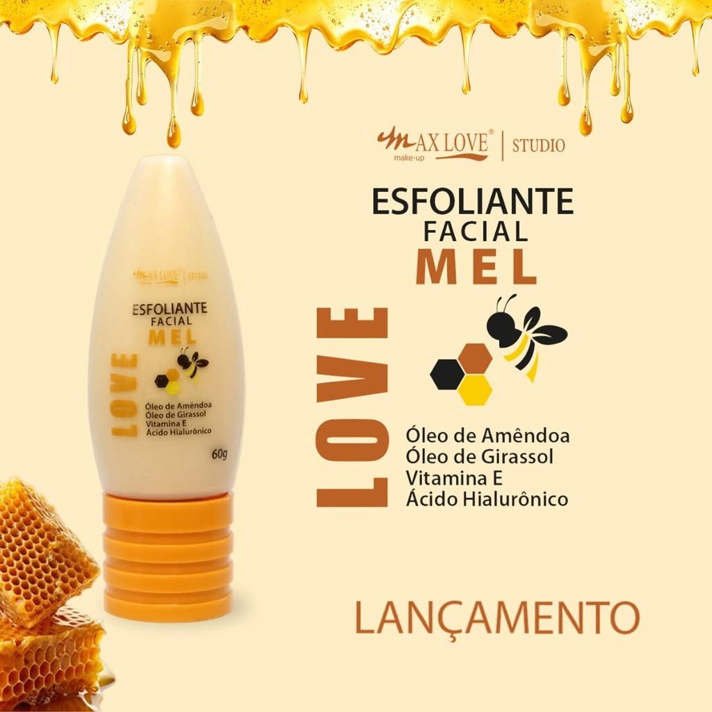 Max Love Esfoliante Facial Mel 60g – Limpeza Profunda com Óleo de Amêndoa, Vitamina E e Ácido Hialurônico