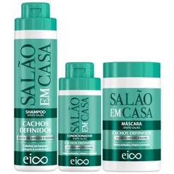 Kit Eico Salão em Casa Cachos Definidos Shampoo 800ml Condicionador 450ml Máscara 1Kg
