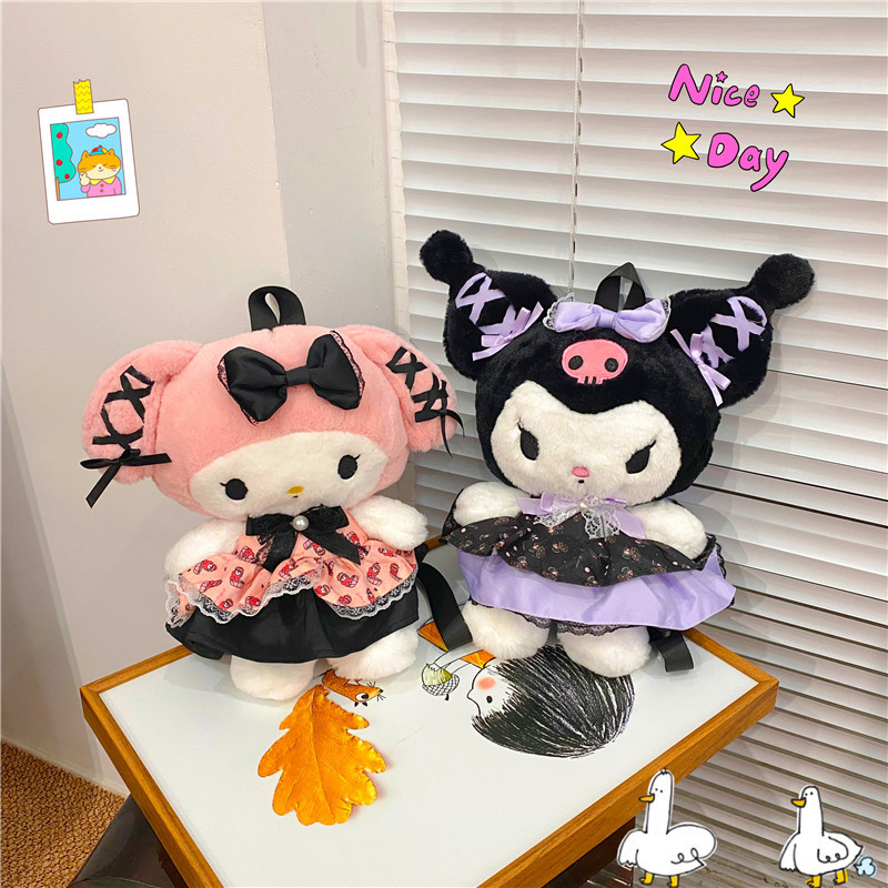 Bolsa Mochila Kuromi & My Melody 28cm – Pelúcia Fofa, Sanrio Original, Estilo Kawaii em Oferta na Shopee