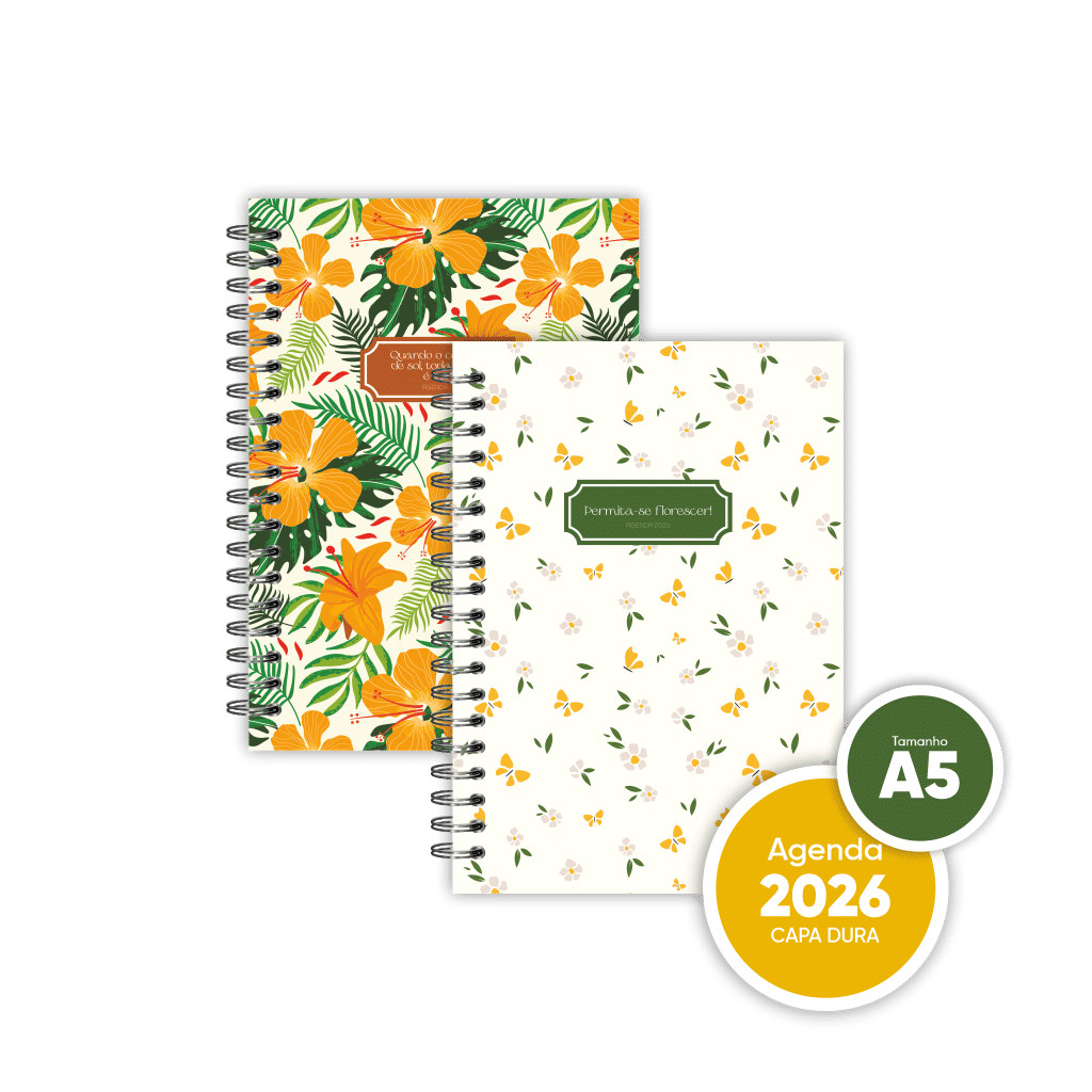 Agenda ESTAÇÕES 2026 Datada 2 dias por página A5 Capa Dura Wire-O com Calendário e Dados Pessoais