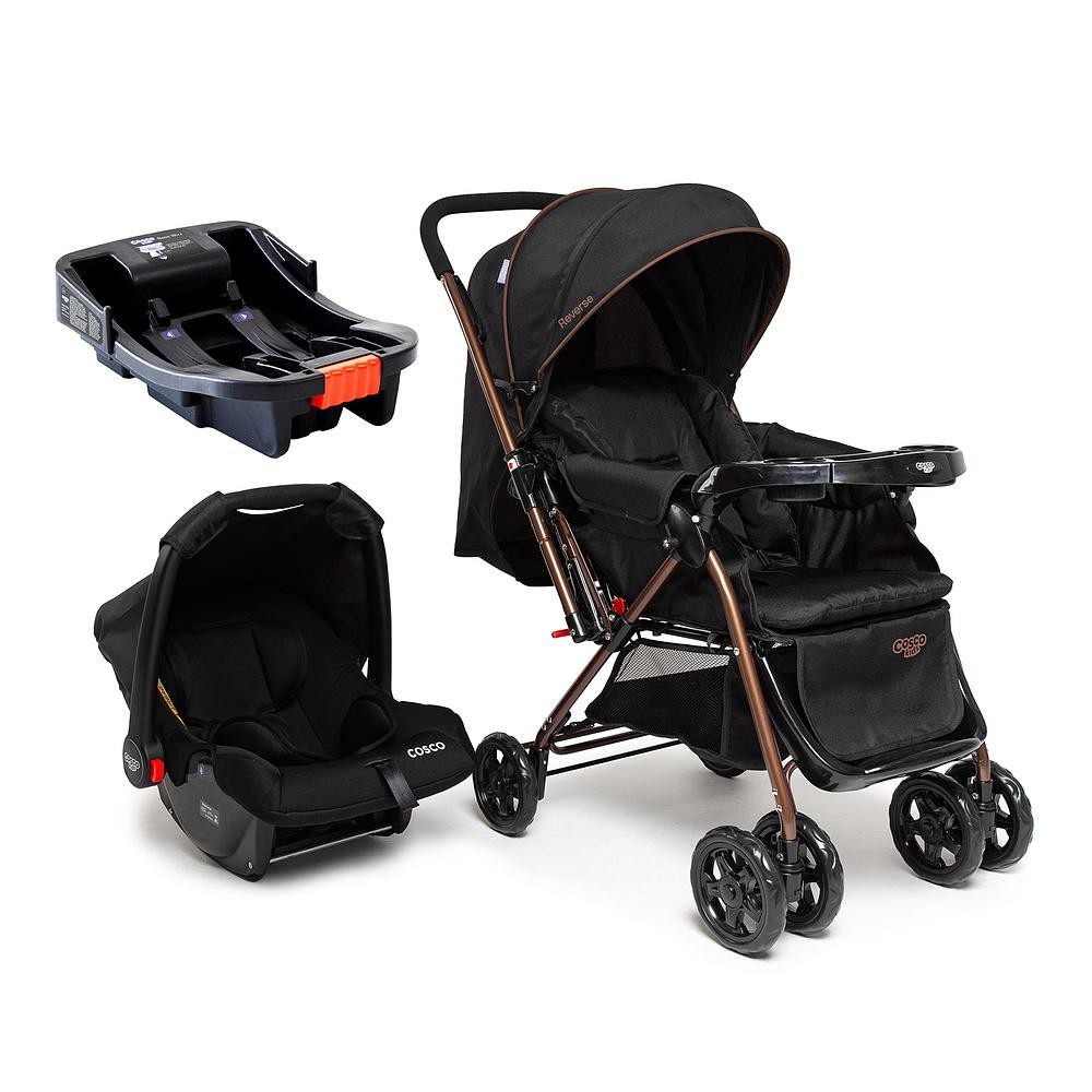 Carrinho Com Bebê Conforto e Base Cosco Kids Travel System Trio Reverse Alça Reversível Preto Rajado