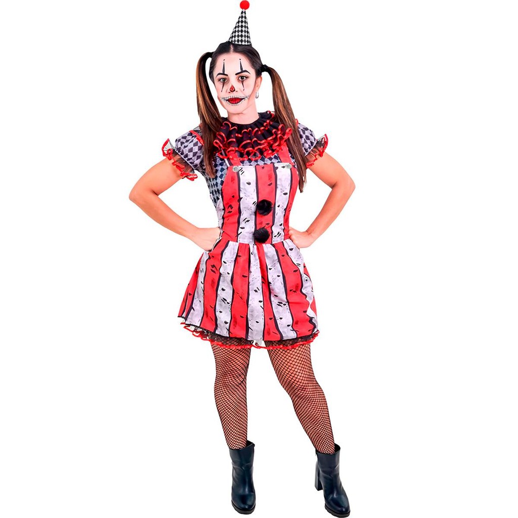 Fantasia Palhaca Halloween Adulta Feminina Terror Assassina de Luxo com Vestido e Chapeu em Oferta na Shopee