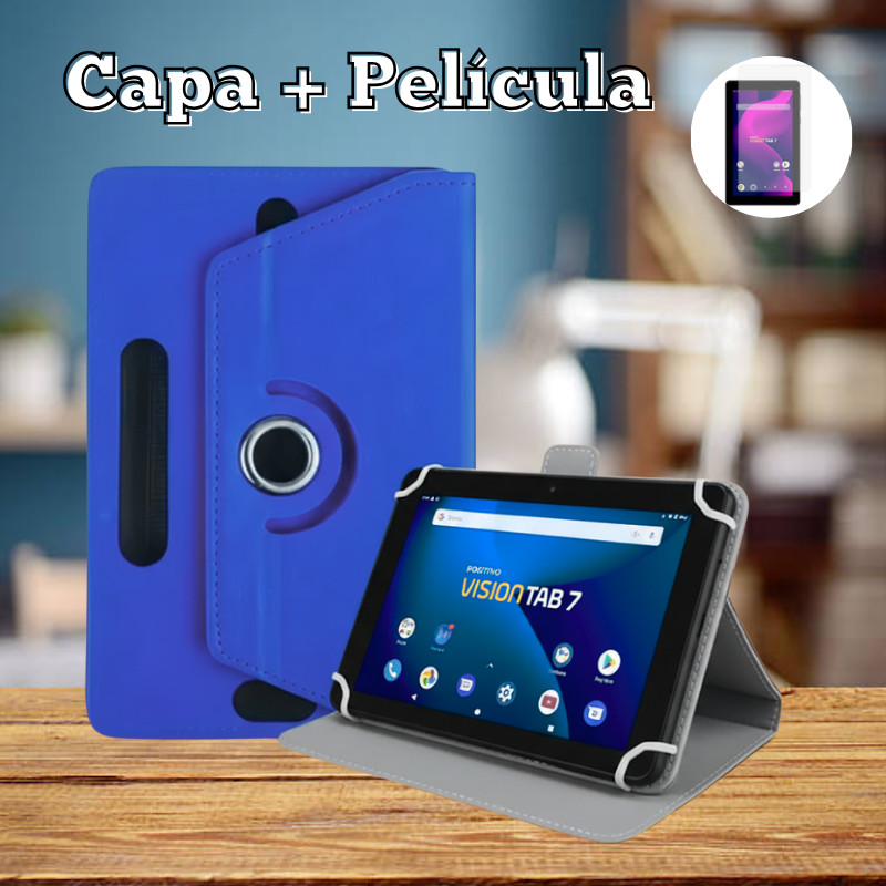 Kit Capa giratória + Pelicula hidrogel + caneta Positivo vision tab 7 Capa com garras