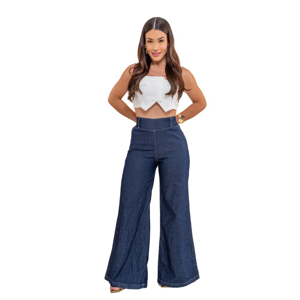 Calça Jeans Feminina Wide Leg Elegante com Lycra Cintura Alta e Elástico no cós em Oferta na Shopee