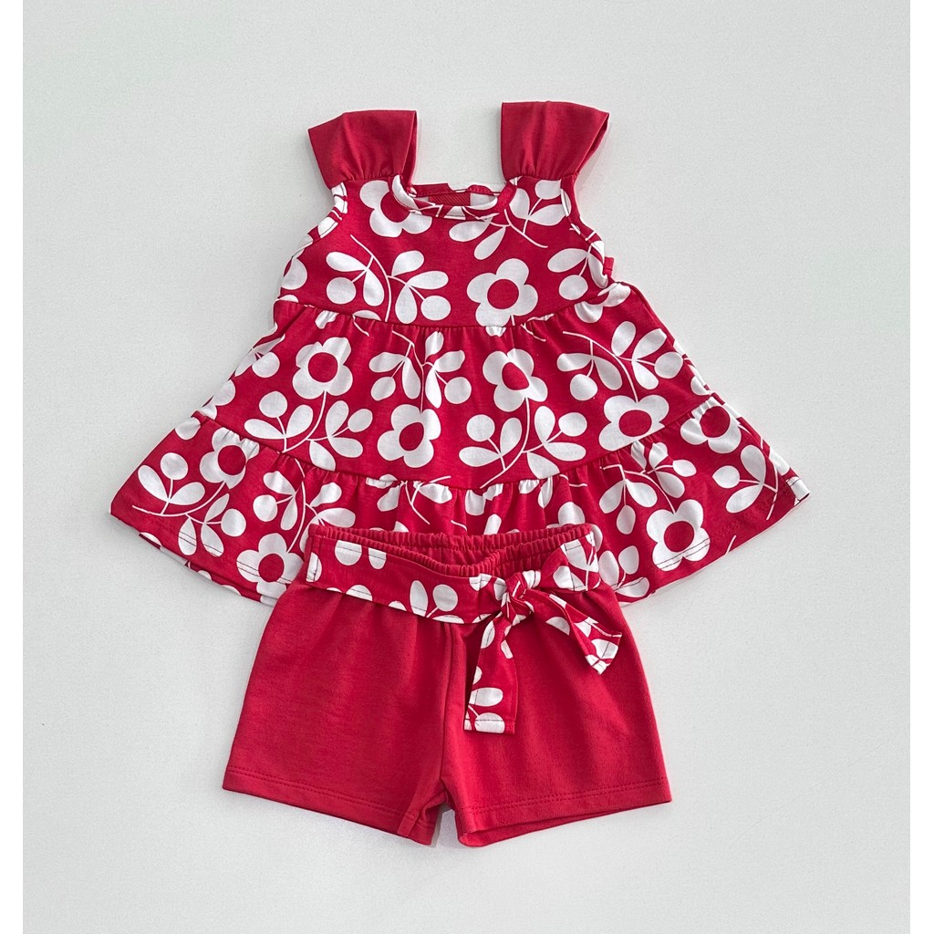 Conjunto Infantil Feminino Blusa Vermelha Floral com Babados e Shorts Vermelho Algodão Confortável Verão Menina Moda Kid