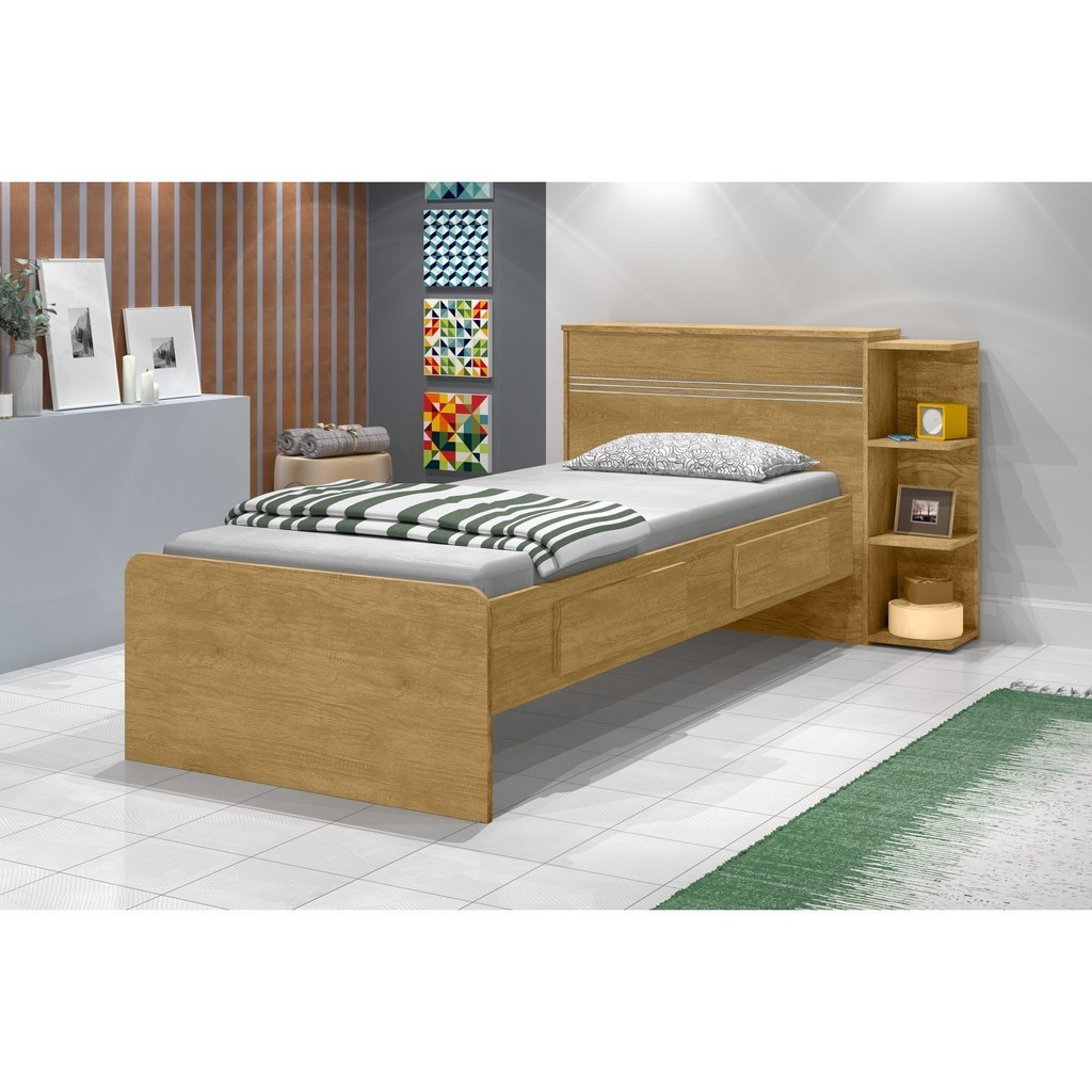 Cama Solteiro com Baú 2 Gavetas Jade Nature em Oferta na Shopee