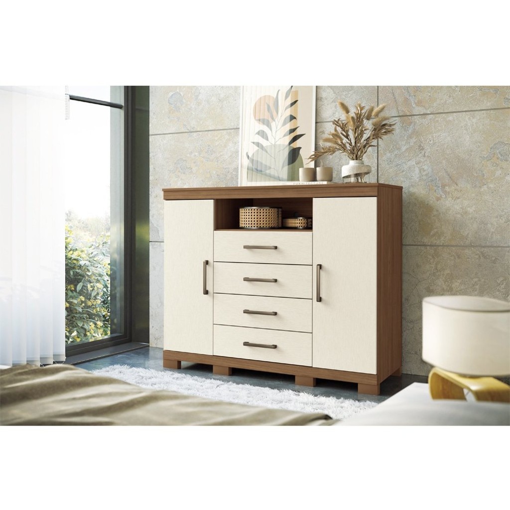 Cômoda para Quarto 2 Portas 4 Gavetas 1 Nicho Master com Pés Jatoba/Areia em Oferta na Shopee