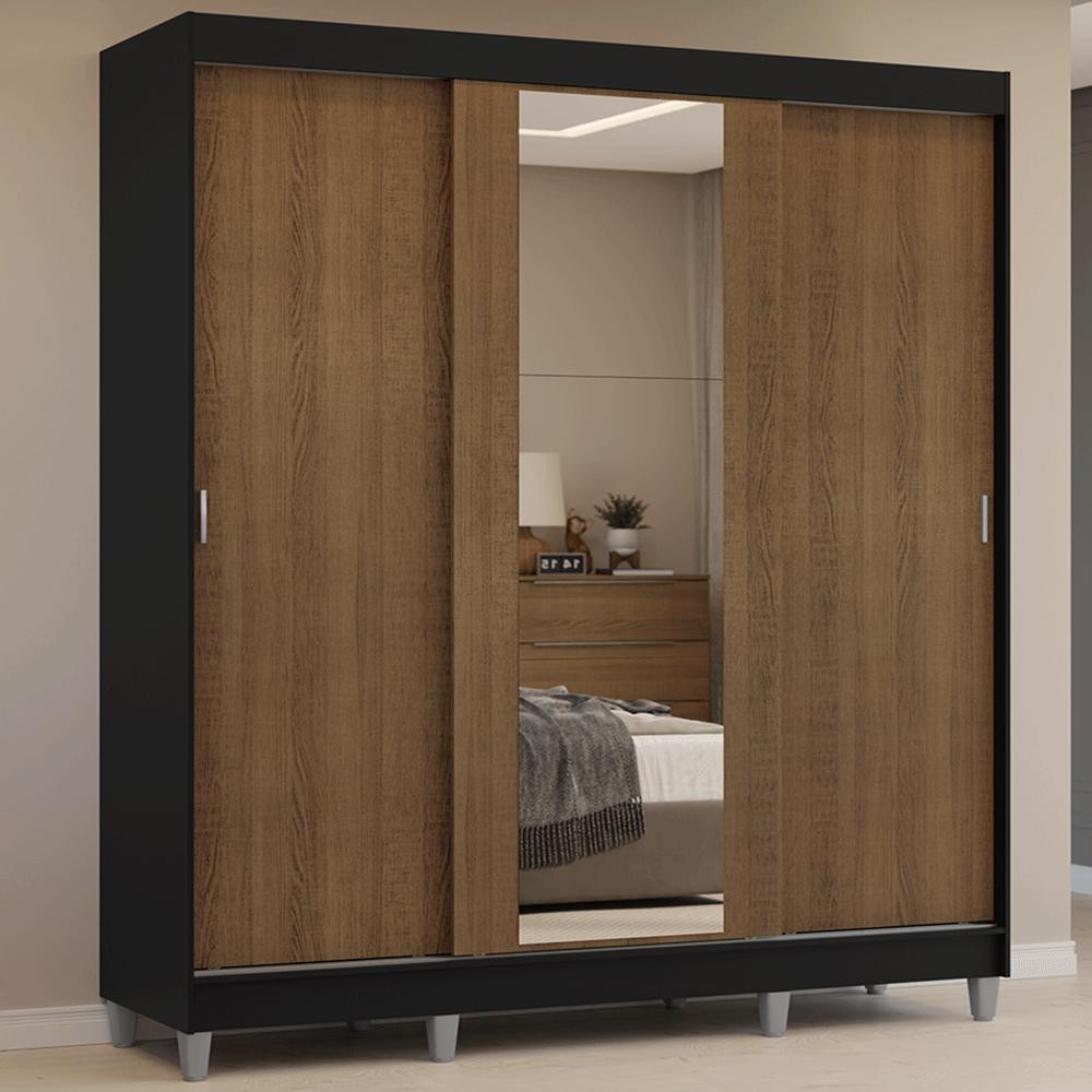 Guarda-Roupa Casal com Pés 3 Portas de Correr com Espelho Preto/Rustic Reno Madesa