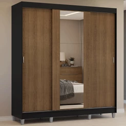 Guarda-Roupa Casal com Pés 3 Portas de Correr com Espelho Preto/Rustic Reno Madesa