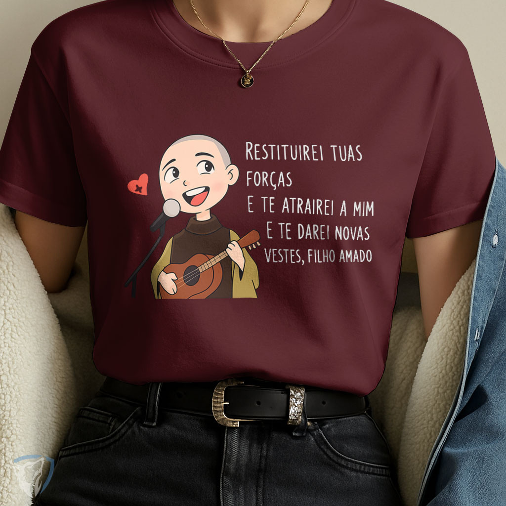 Camiseta Cristã Frei Gilson | Mensagem “Restituirei Tuas Forças” em Oferta na Shopee