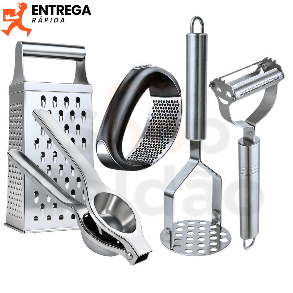Kit 5 Peças Inox Espremedor de Limão Ralador 4 Amassador de Batata Triturador de Alho Descascador em Oferta na Shopee