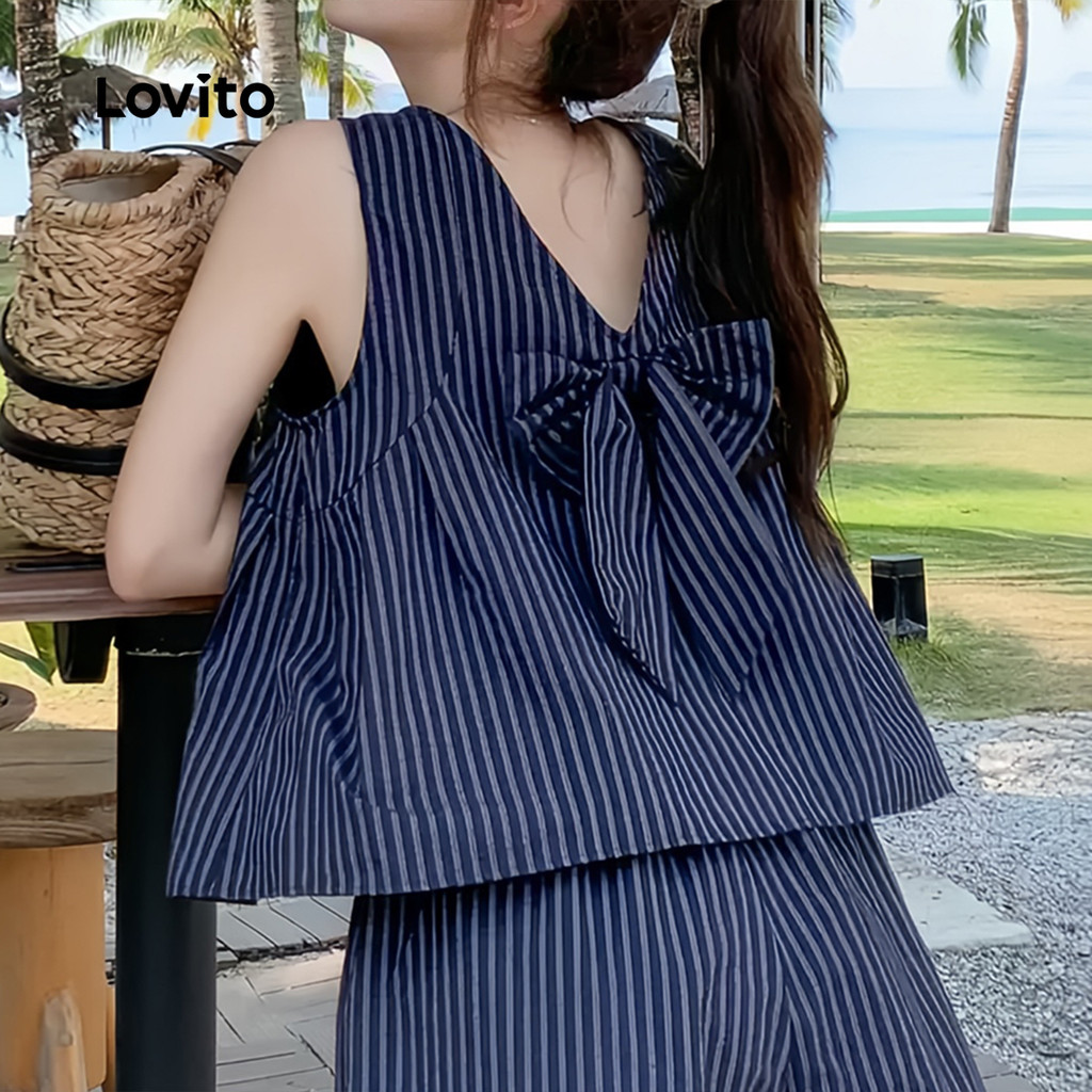 Detalhes do Lovito Conjuntos Casuais de Shorts Geométricos para Primavera/verão em Azul Marinho para mulheres L137ED118