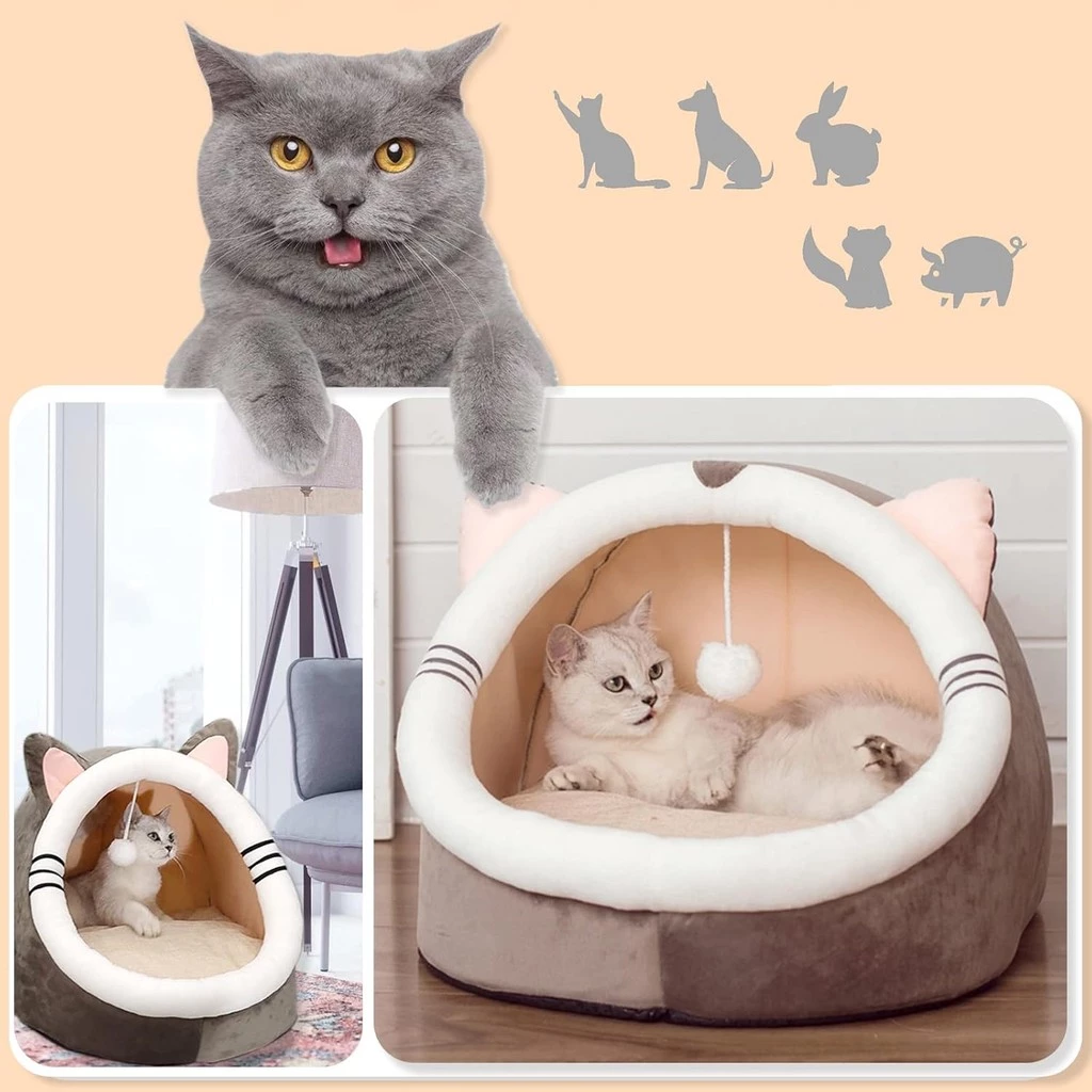 Cama Cabana Pet Formato de Gato Toca com Bolinha Interativa — imagem 1