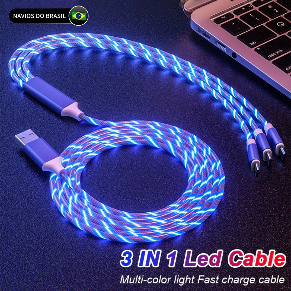 3 Em 1 LED Luz De Fluxo Luminosa Cabo USB 1.2M Carregamento Rápido Tipo-C IOS Micro Colorido Streamer Cabos De CvCase em Oferta na Shopee