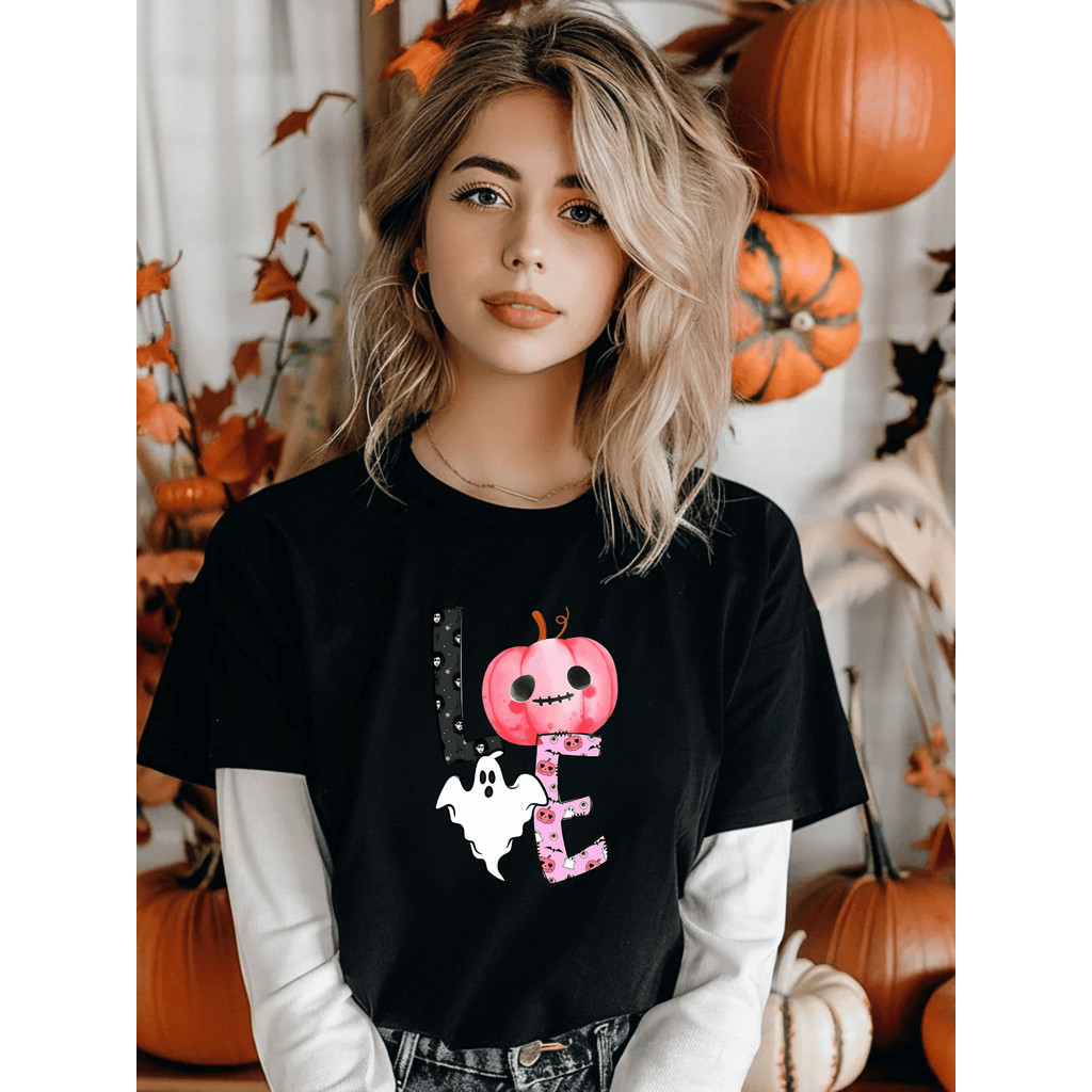MAROCH Camisa Feminina Halloween Tshirt Love Coração Fantasma Camiseta Algodão Baby Look