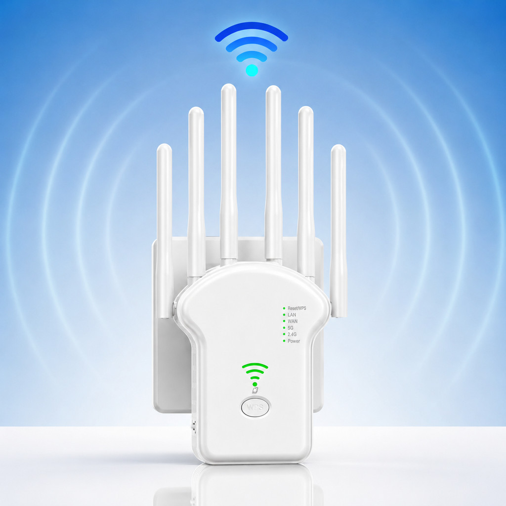 Repetidor WiFi 300+800Mbps Dual Band 2.4G 5G Amplificador de Sinal Internet 6 Antenas RJ45