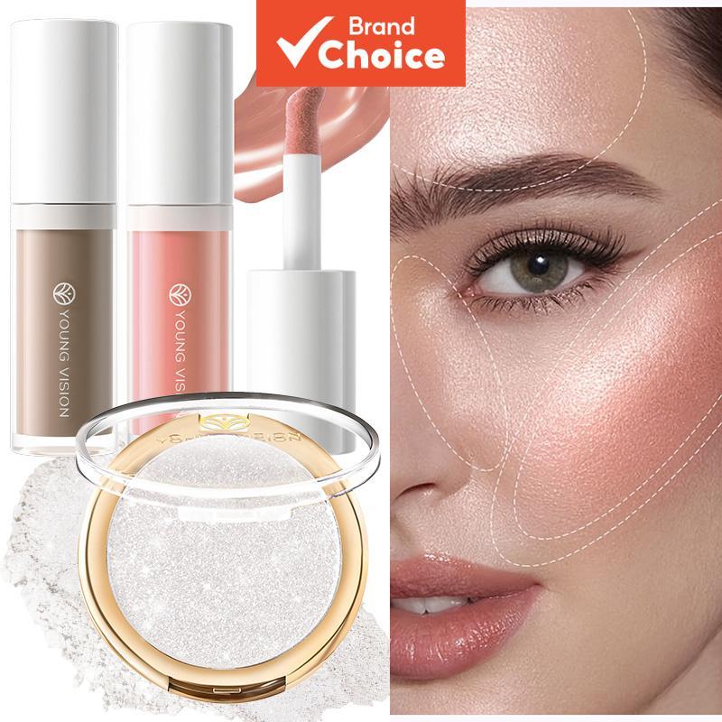 Kit de Contorno e Blush Líquido YOUNG VISION + Pó Iluminador Glitter, Conjunto Trio de Maquiagem Facial de Longa Duração