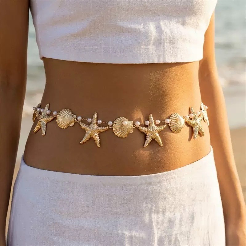 Cinto de Cintura com Concha, Estrela-do-Mar e Pérolas Feminino Ajustável Estilo Praia Boho Chic Dourado/Prata