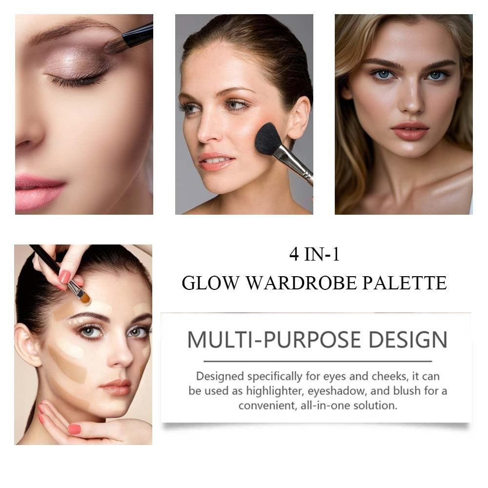 Paleta de Maquiagem 4 em 1 Glow Wardrobe com Sombra, Blush, Iluminador e Contorno, Tons Matte e Brilhantes com Espelho,
