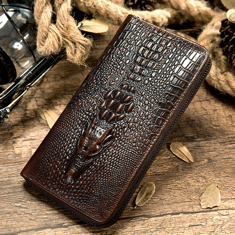 Carteira longa masculina com zíper longo padrão de crocodilo bolsa de embreagem de couro importado bolsa de embreagem ca