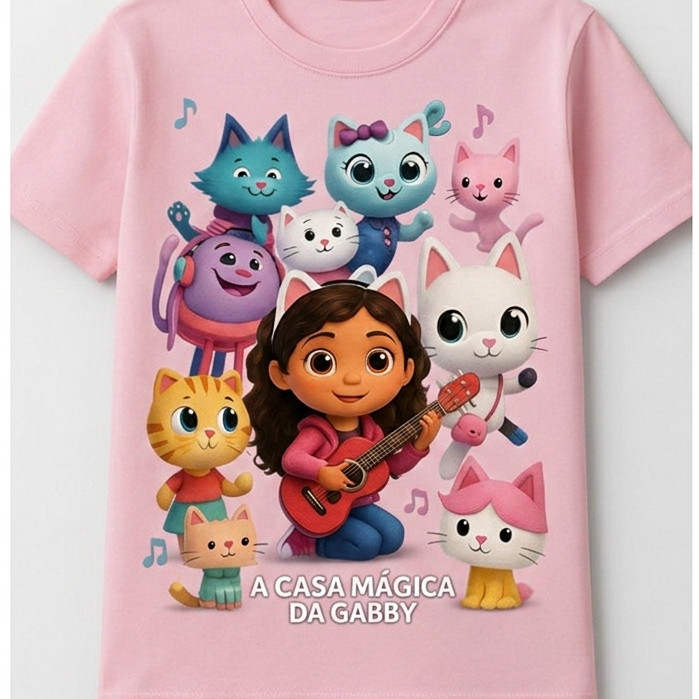 Camiseta Infantil Fofa Menina - Gabby A Casa Mágica - Personagens Algodão Confortável Estampa 