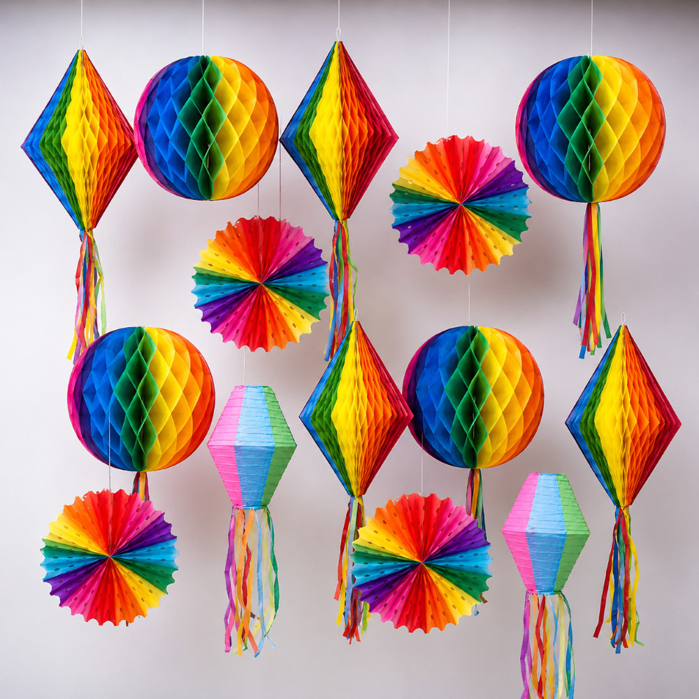12 Balões Enfeite Decoração Festa Junina Balão Colmeia Redondo Losango Colorido Franja Araial