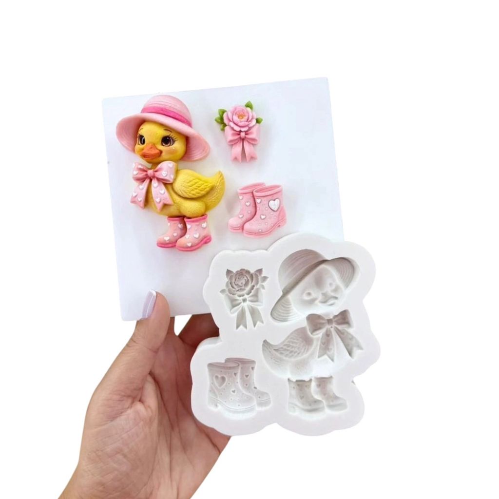 Molde de Silicone Patinho com Botas e Flores Fazendinha Doces