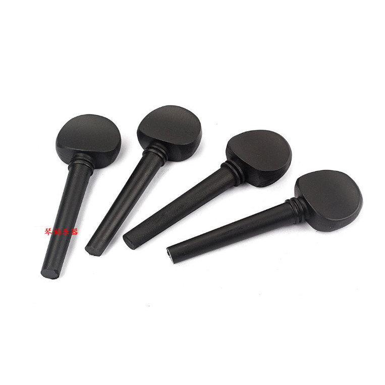Violoncelo com cabo tingido de preto e cravelhas de afinação para violoncelo.