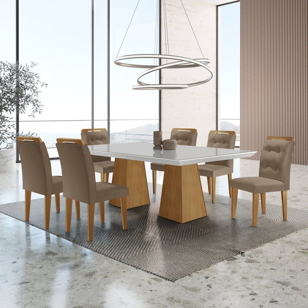 Mesa Inovare 180 Tp Mdf Vidro/canto Reto com 6 Cadeiras Valentina Capuccino/Off White/Imbuia