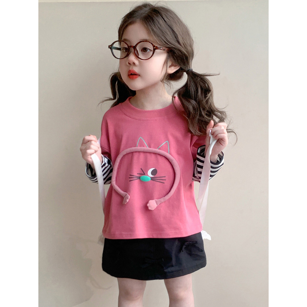 Meninas falsas de duas peças moda camiseta primavera crianças desenhos animados camisa de manga comprida pequeno médio r