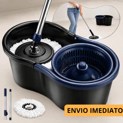Mop Giratório 360° Plástico 8L com Balde Cesto Microfibra Cabo Inox 140cm Limpeza Fácil