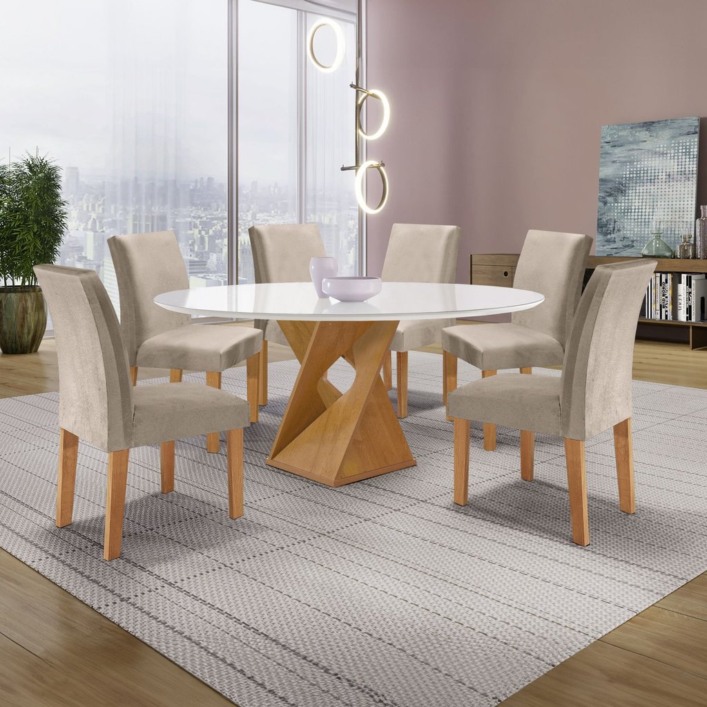 Conjunto Mesa Barcelona 120cm com 6 Cadeiras Espanha Tampo Plus Redondo Vidro Yescasa Cinamomo/Off White/Boucle Bege