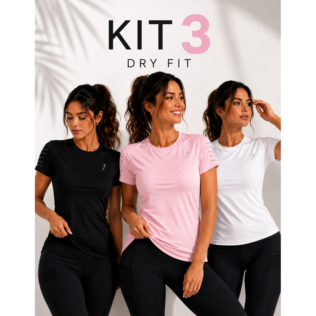 Kit 3 Camisetas Dry Fit Baby Look Feminina Academia Fitness Acinturada Leve Proteção Uv Lamovie