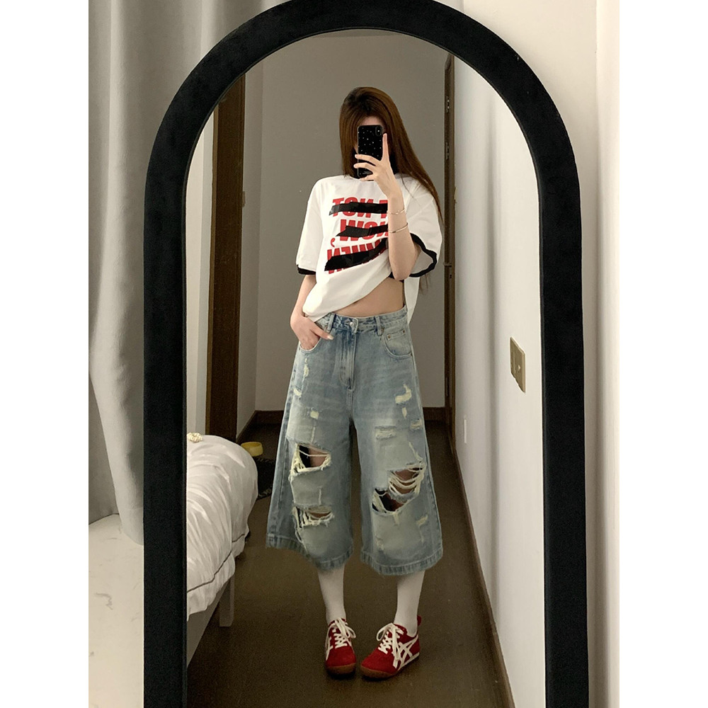 Tamanho grande estilo americano angustiado rasgado perna larga Denim calças de perna média feminino verão cintura alta s