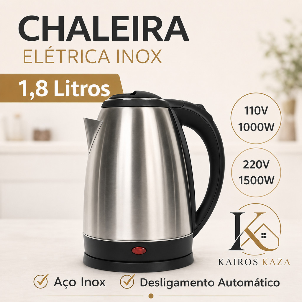 Chaleira Elétrica Aço Inox Térmica 1.8L Inox 110 e 220v