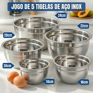 Jogo de Bowls Inox 5 Peças Tigelas Empilháveis Aço Inoxidável Premium 14 a 24cm Alta Resistência Cozinha Profissional