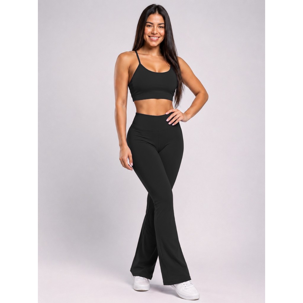 Conjunto Fitness Bailarina  Academia E Top alcinha forrado Legging Flare Suplex Zero Transparência Feminina
