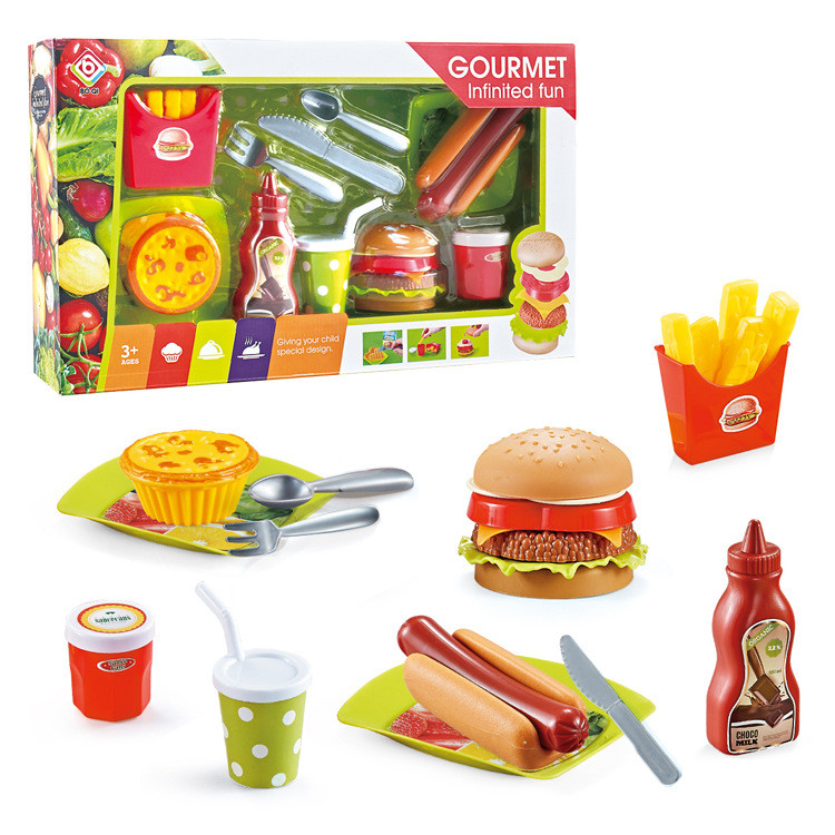 Casa de brincar educacional brinquedos cozinha comida simulação hambúrguer batatas fritas cachorro-quente bebida conjunt