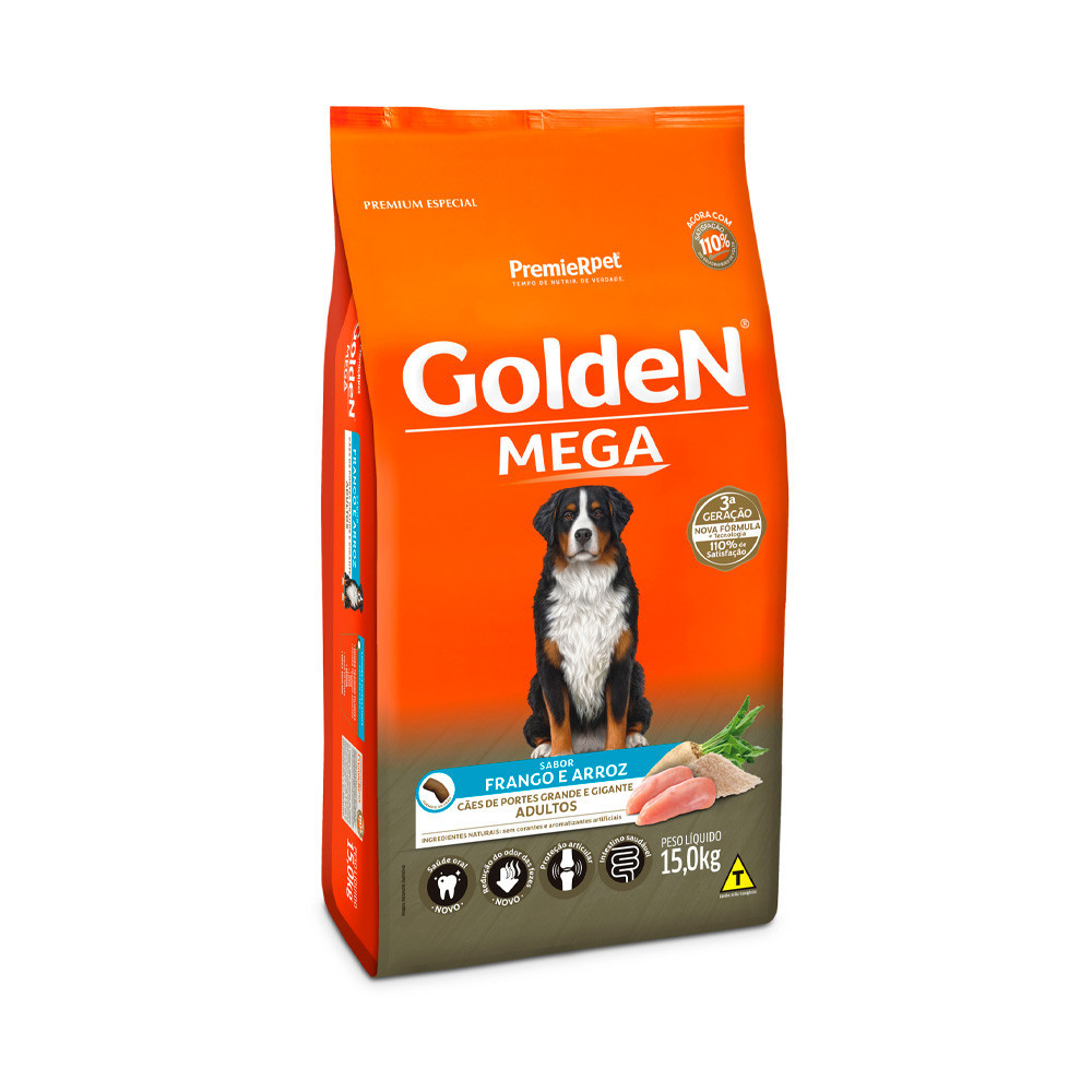 Ração Golden Mega para Cães Adultos de Porte Grande Sabor Frango e Arroz - 15 kg