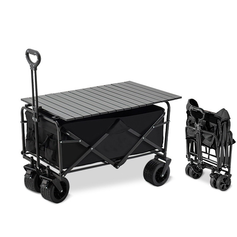 Carrinho de Praia Dobrável com Mesa, Carrinho Utilitário Oxford 10 Polegadas com Freio e Reboque para Piquique Camping