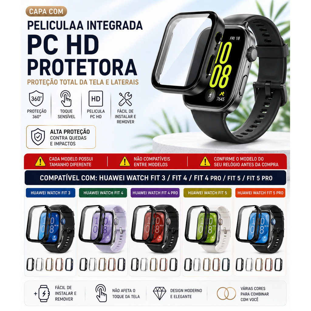 Capa Protetora com Película Integrada PC HD para Huawei Watch Fit 3 4 5 Pro, Proteção Completa Anti-Risco Anti-Impacto