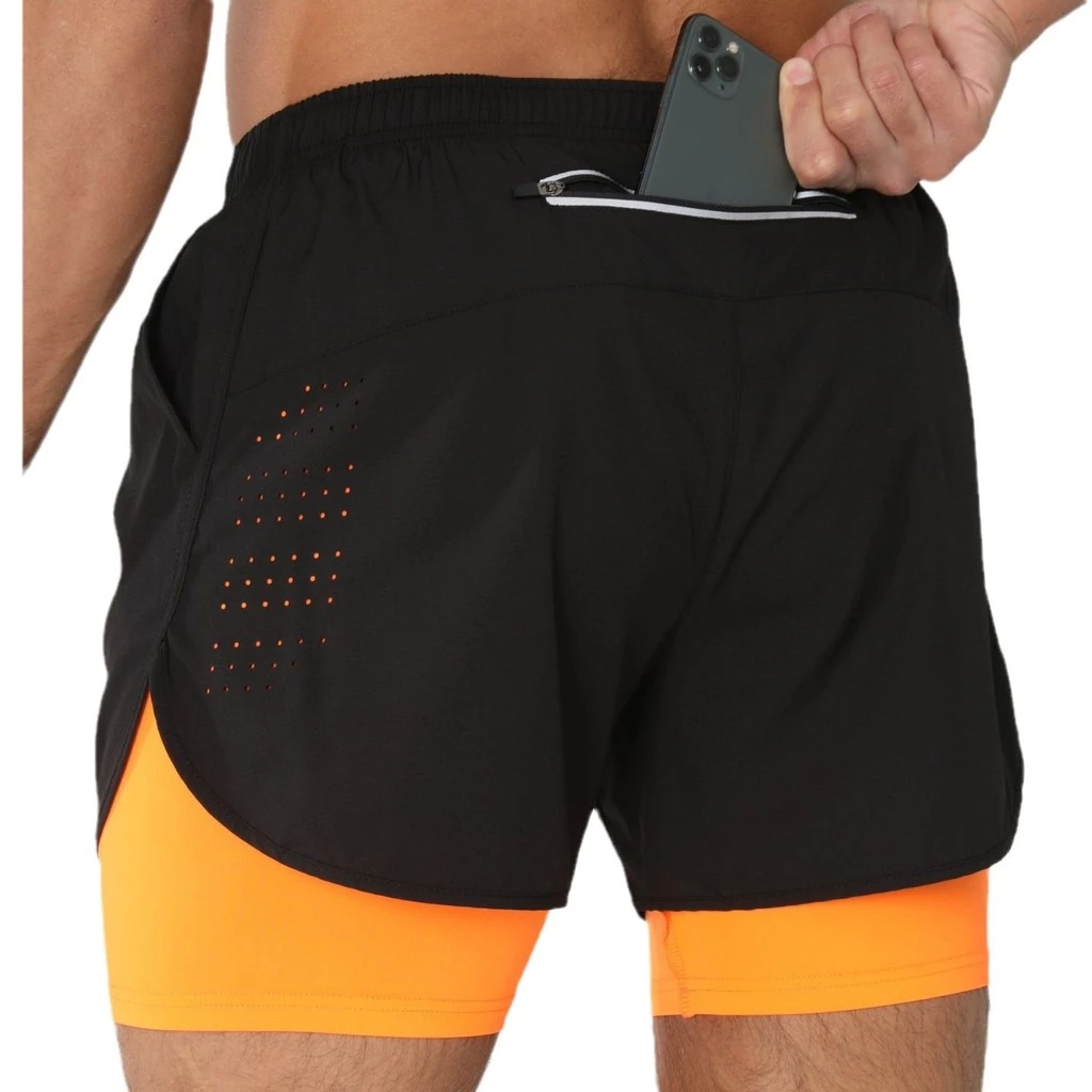 Calções esportivos masculinos correndo pista campo forro de secagem rápida Anti-exposição dupla camada shorts de Fitness — imagem 1