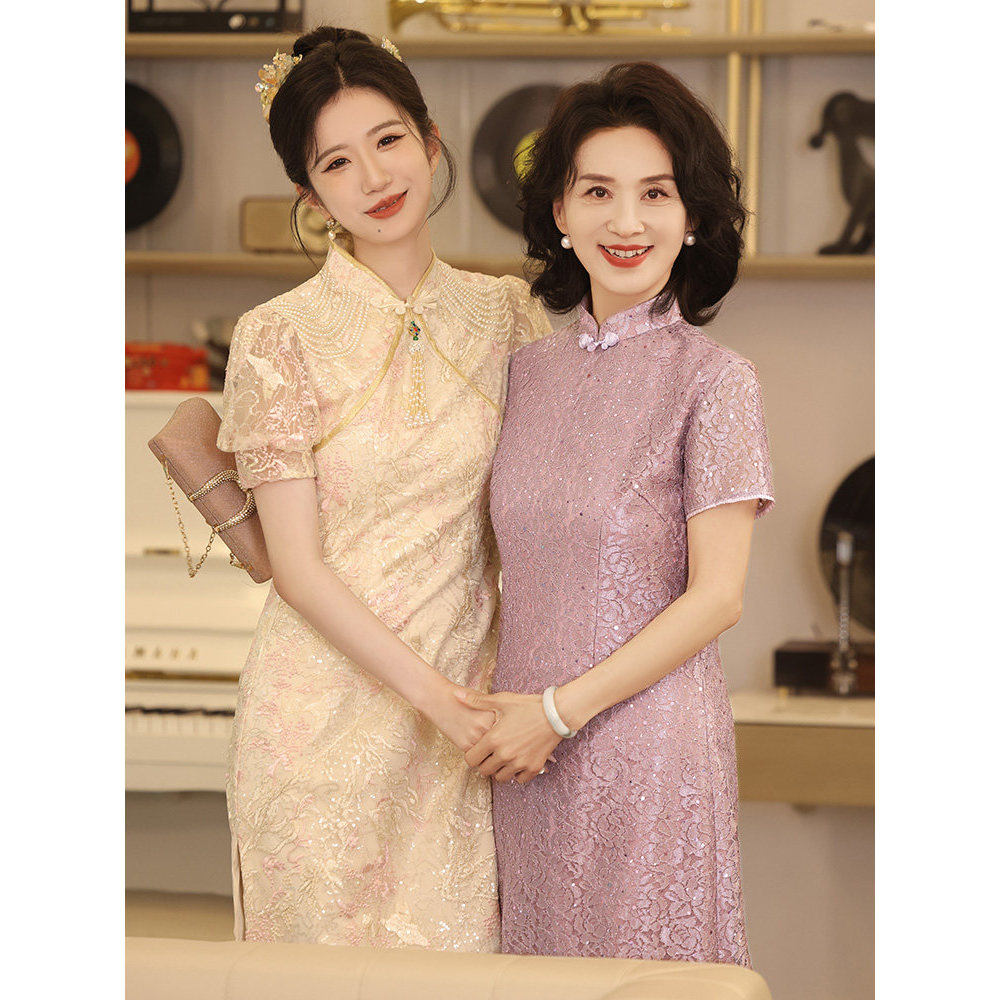 Avó feliz mãe vestido 2025 novo estilo elegante elegante largo senhora estilo ocidental nobre Cheongsam vestido